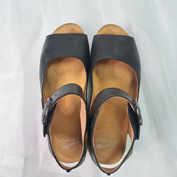 Dansko Tiana Peep-Toe Wedge Sz 37 Black Burnished Calf Leather Boho Chic Modern - Picture 7 of 9